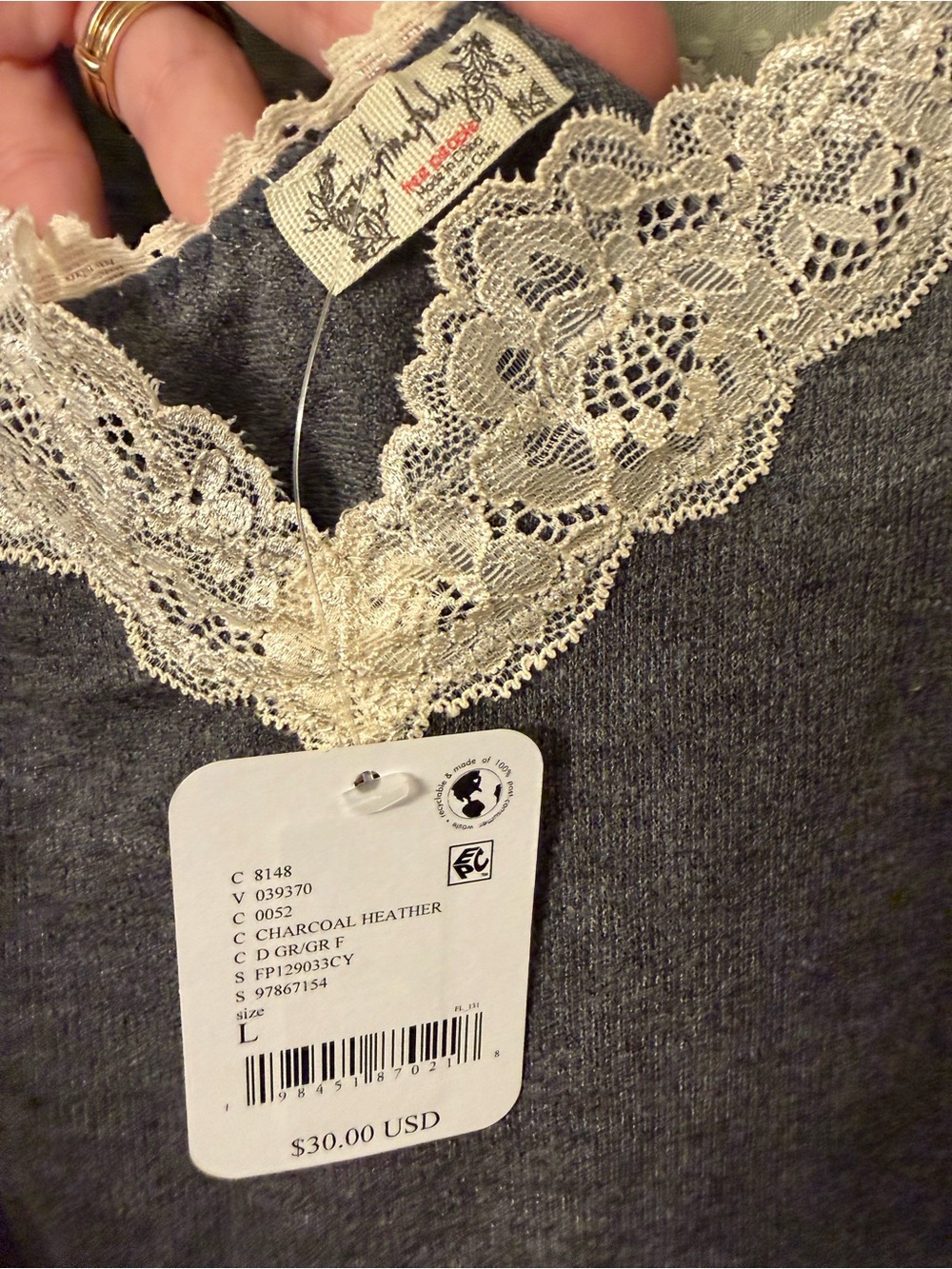 Free People Charcoal Gray Lace-Trim Tank Top - Picture 2 of 3